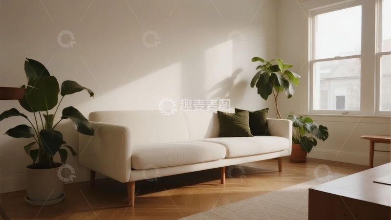 高清大图下载【趣麦麦图】明亮客厅内摆放着白色沙发和多盆绿植