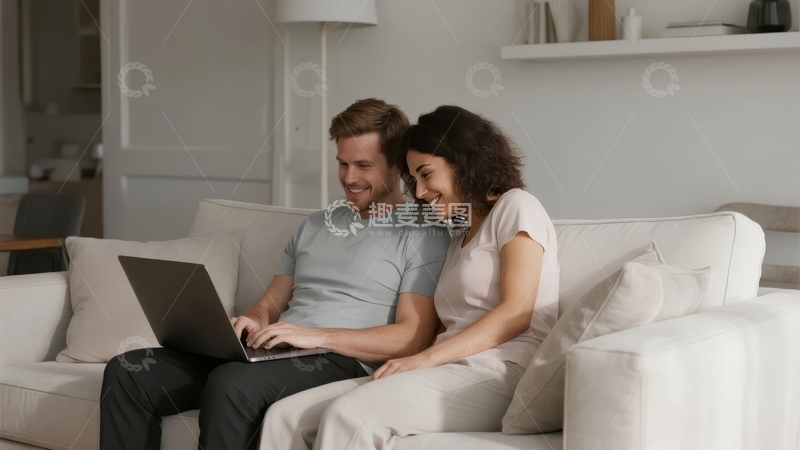 高清大图下载【趣麦麦图】一对男女在客厅沙发上使用笔记本电脑互动