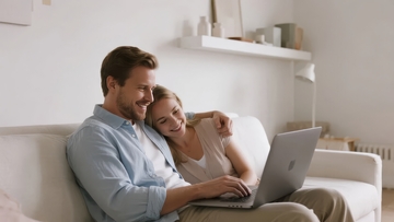 情侣在沙发上使用笔记本电脑亲密互动