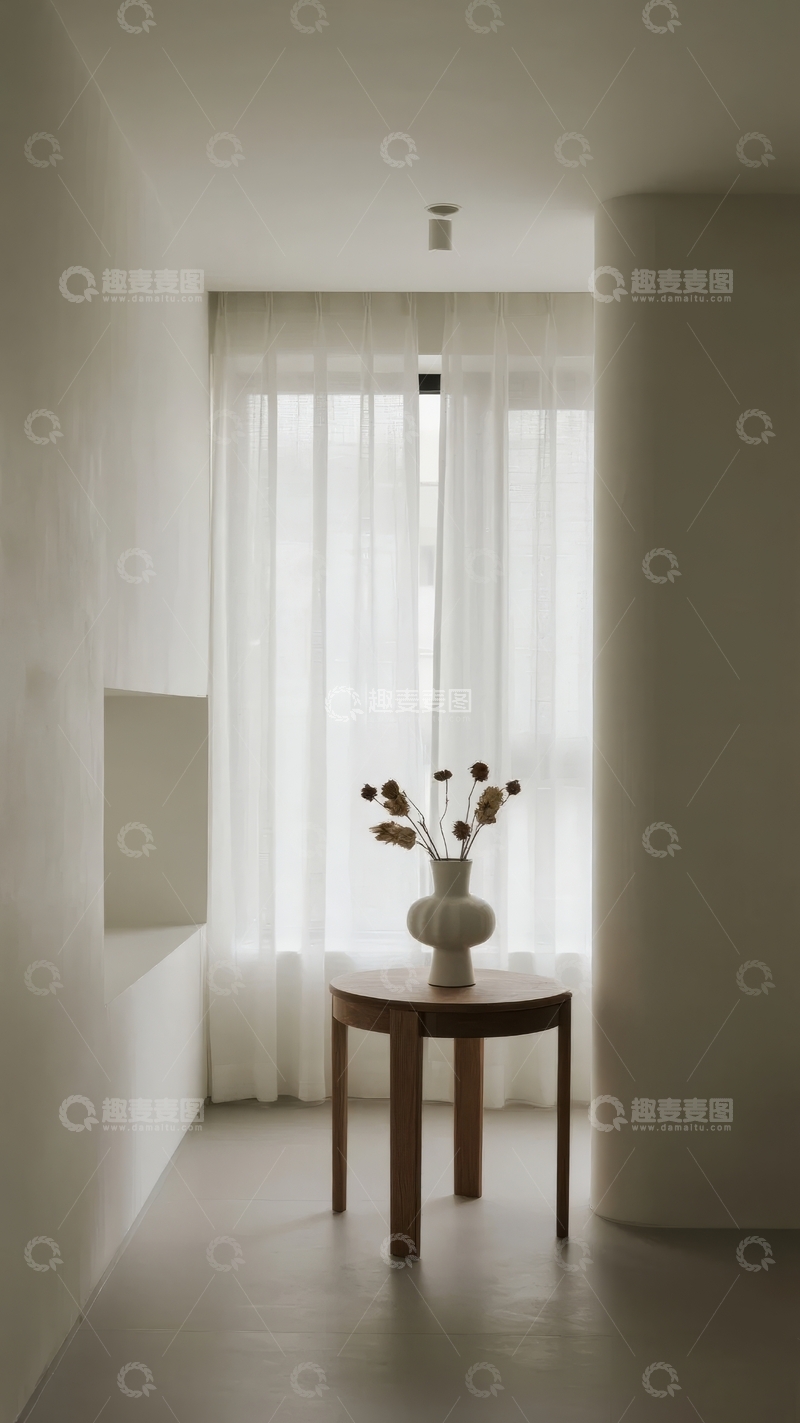 高清大图下载【趣麦麦图】简约现代风格室内走廊窗边静物摆设