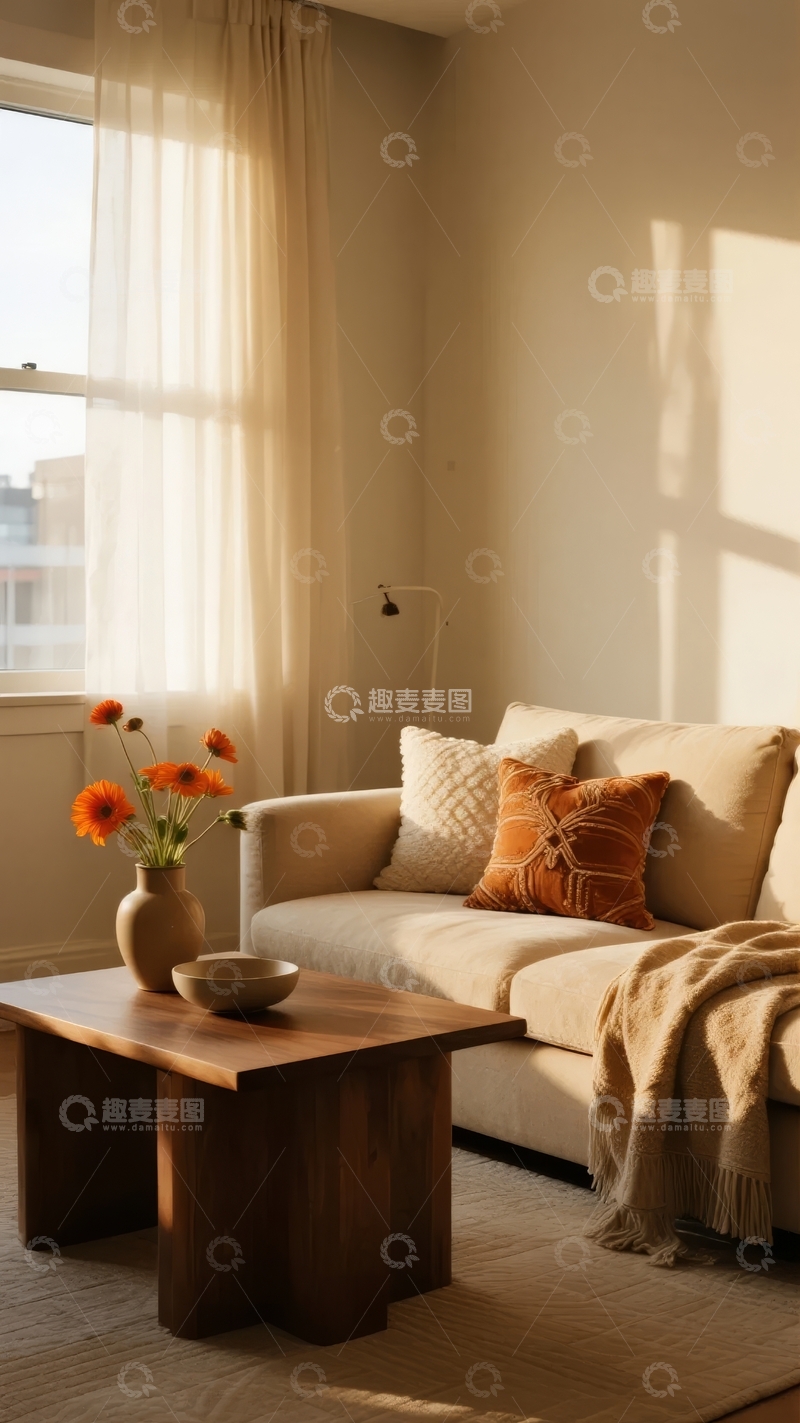 高清大图下载【趣麦麦图】阳光洒满的客厅角落摆放着沙发和花瓶