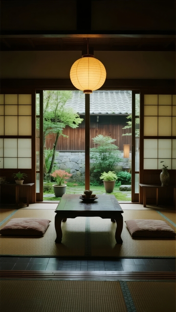 日式室内庭院景观温馨灯光点缀