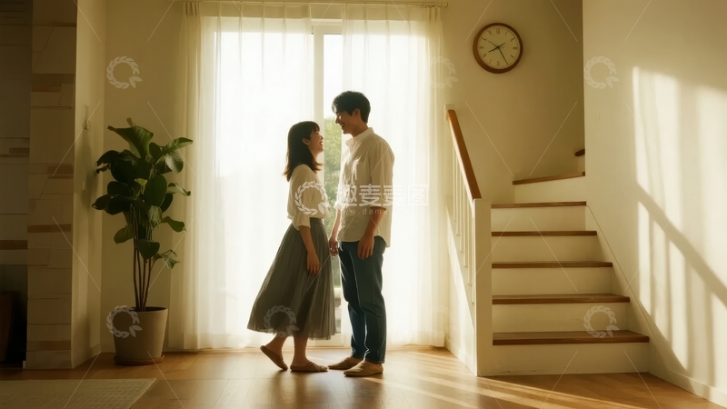 高清大图下载【趣麦麦图】一对情侣在明亮的室内楼梯旁深情对视