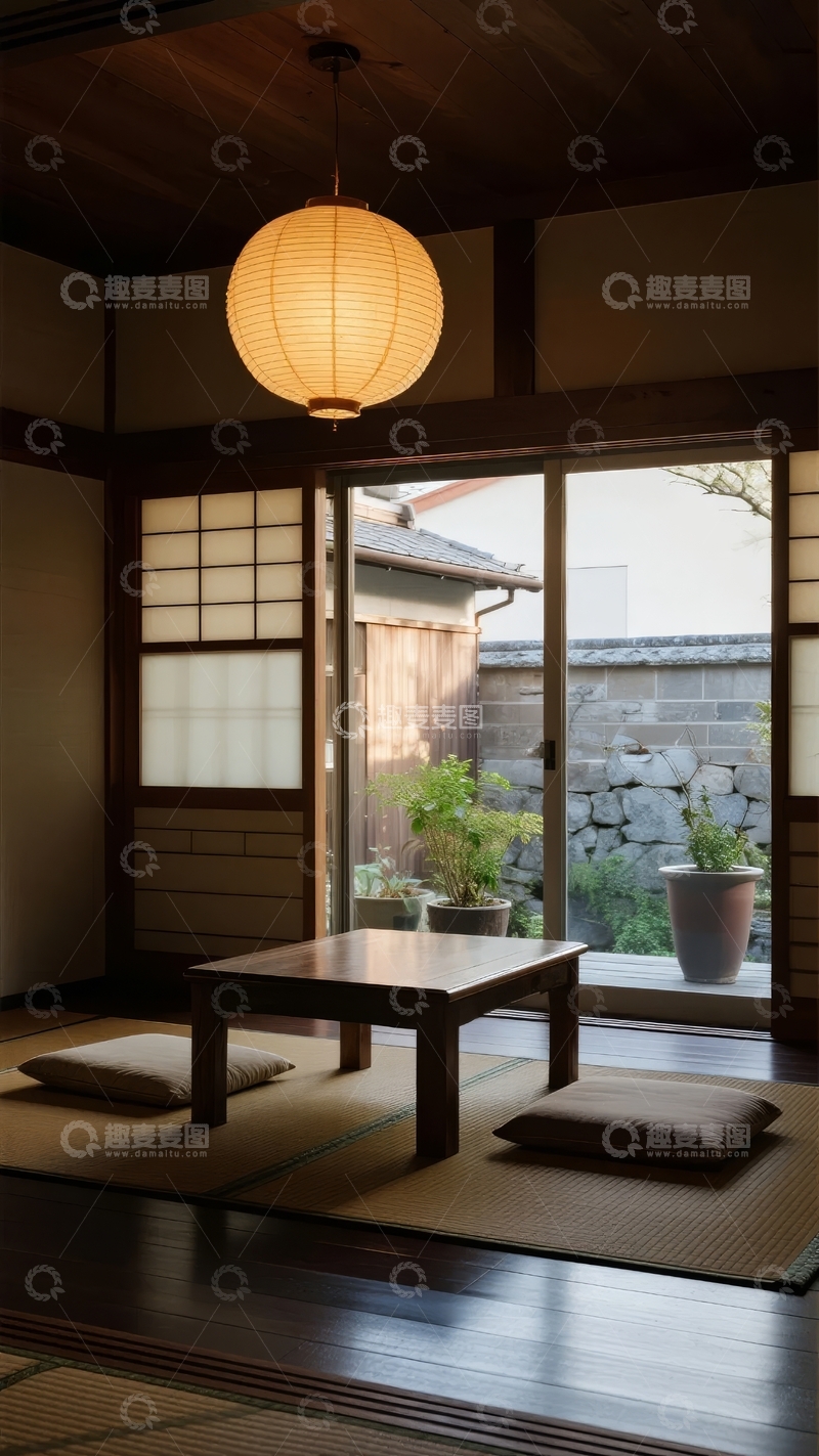 高清大图下载【趣麦麦图】日式传统室内空间搭配简约茶几与纸灯笼