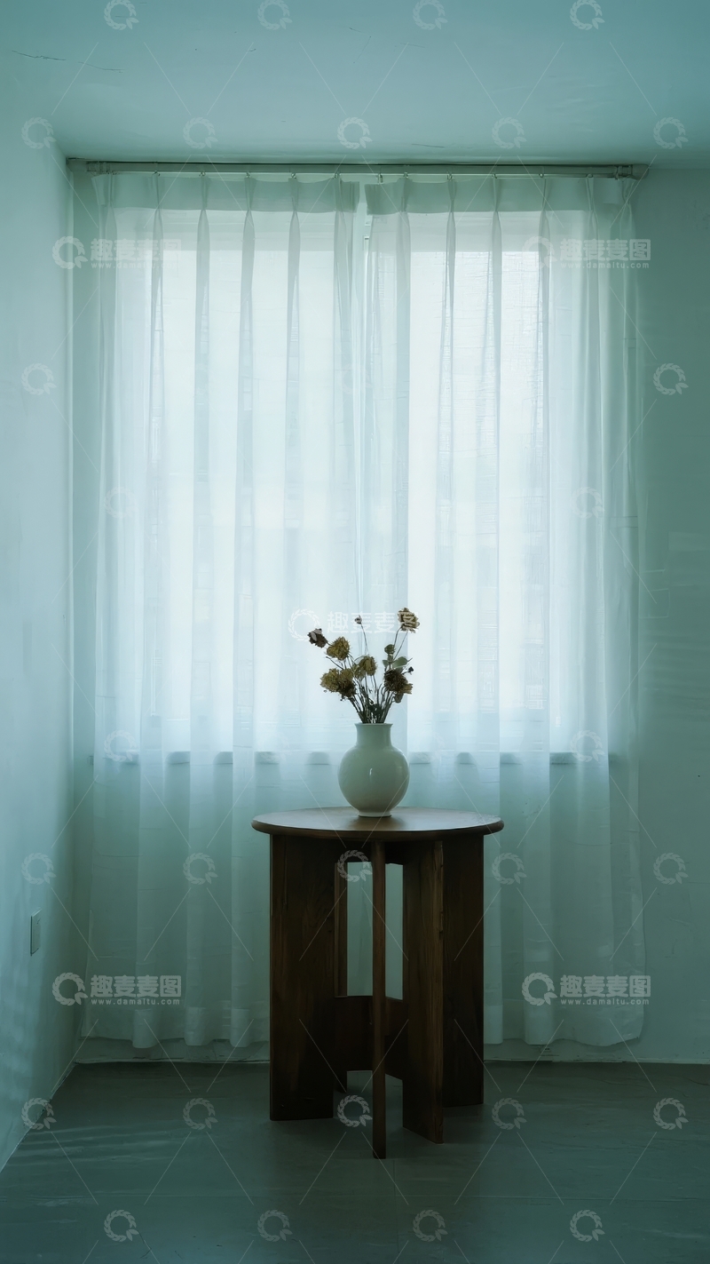 高清大图下载【趣麦麦图】窗边白色窗帘下小桌上摆放着插花的静谧室内场景