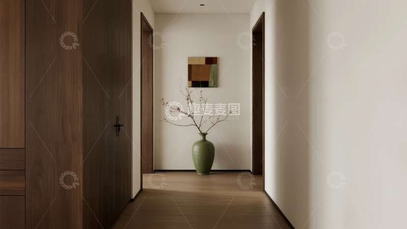 高清大图下载【趣麦麦图】现代简约风格走廊尽头摆放着绿色花瓶和抽象画