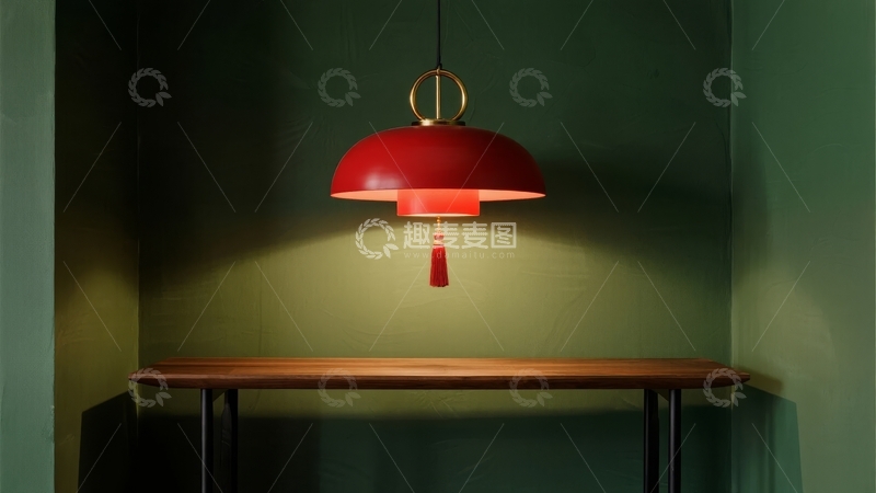 高清大图下载【趣麦麦图】现代吊灯照亮绿色墙面下的木质台面