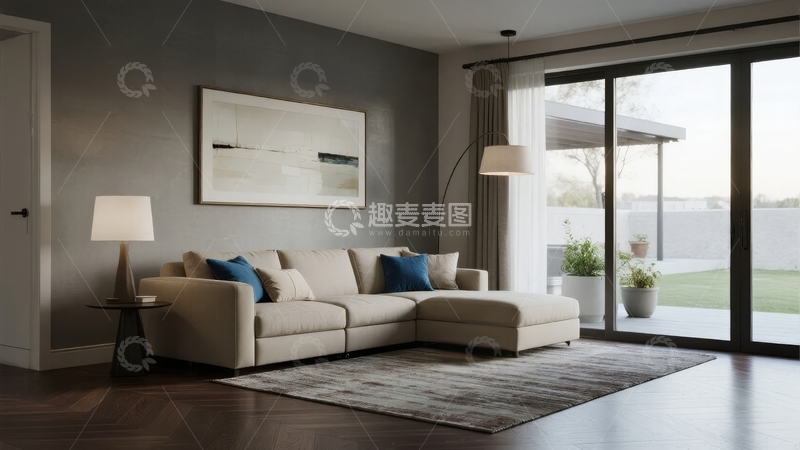 高清大图下载【趣麦麦图】现代简约客厅设计配备舒适沙发和大面积落地窗