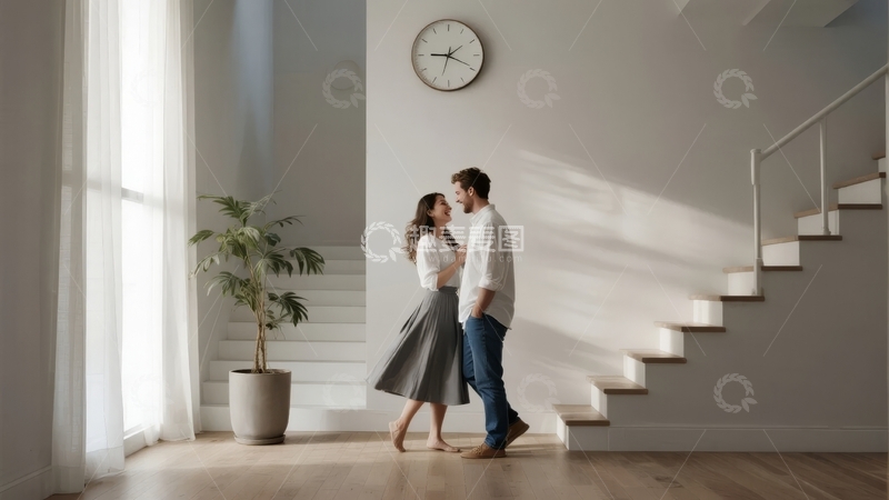 高清大图下载【趣麦麦图】一对情侣在明亮的室内楼梯旁亲密互动