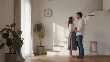 情侣在明亮室内楼梯旁亲密相拥