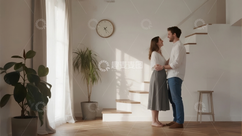 高清大图下载【趣麦麦图】情侣在明亮室内楼梯旁亲密相拥