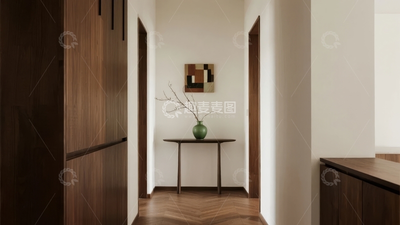 高清大图下载【趣麦麦图】现代简约风格走廊装饰画与木质家具