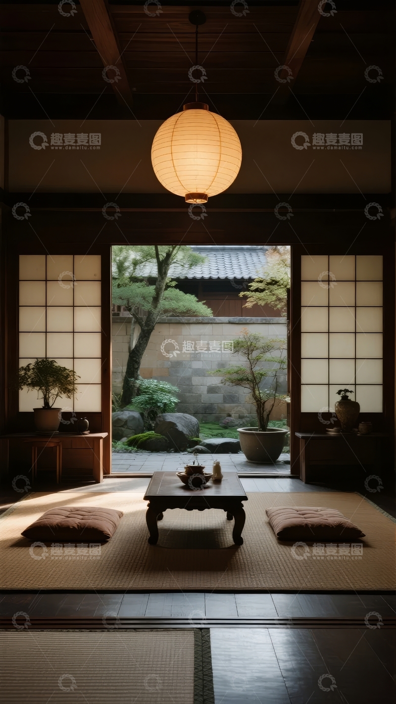 高清大图下载【趣麦麦图】日式传统房间内悬挂纸灯笼窗外庭院景色