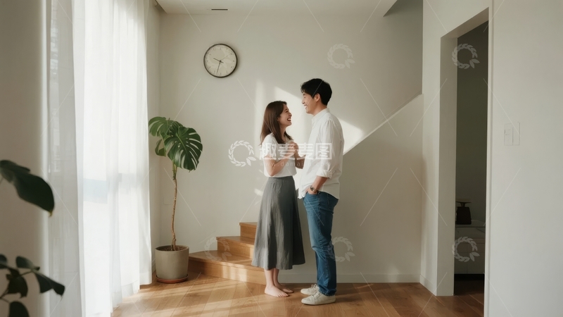 高清大图下载【趣麦麦图】一对情侣在明亮的室内楼梯旁温馨交谈