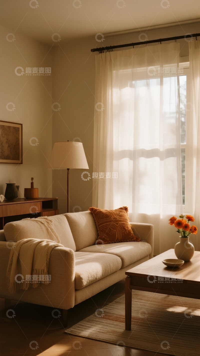 高清大图下载【趣麦麦图】温馨客厅阳光透过窗帘洒在沙发和装饰品上