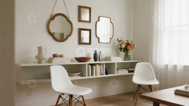 高清大图下载【趣麦麦图】现代简约风格客厅墙面装饰与白色椅子