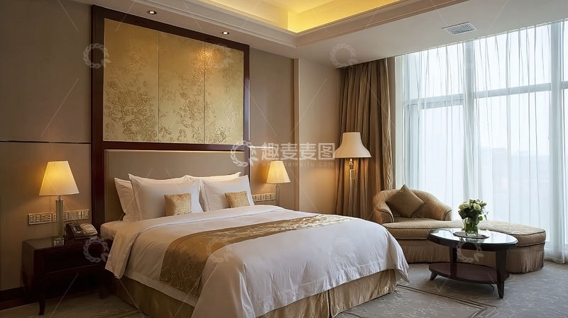 高清大图下载【趣麦麦图】豪华酒店卧室配备大床和宽敞落地窗