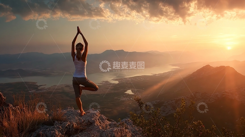 女子在山顶日落时分练习瑜伽树式