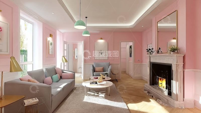 高清大图下载【趣麦麦图】粉色墙壁的现代客厅配有沙发和壁炉