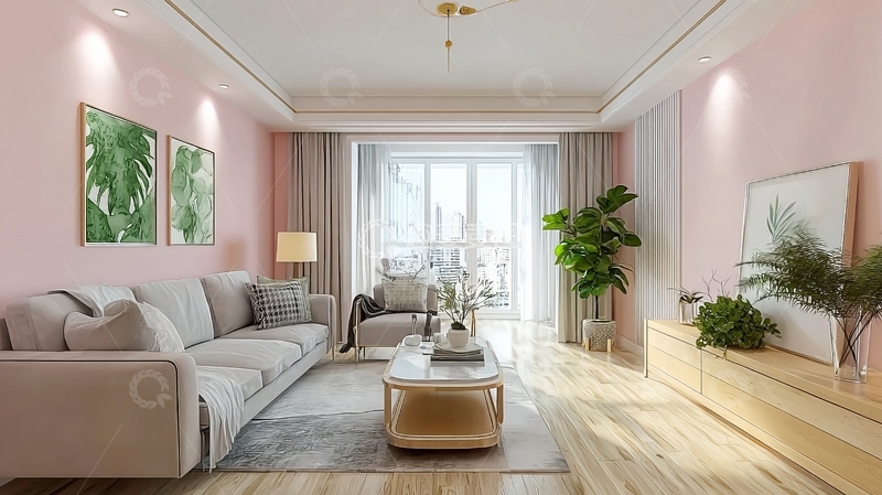 高清大图下载【趣麦麦图】现代简约风格客厅设计粉色墙面搭配舒适家具