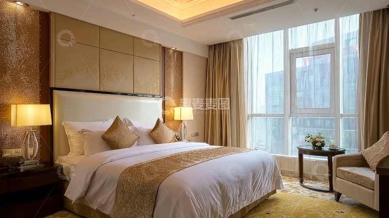 高清大图下载【趣麦麦图】豪华酒店卧室配备大床和落地窗景观