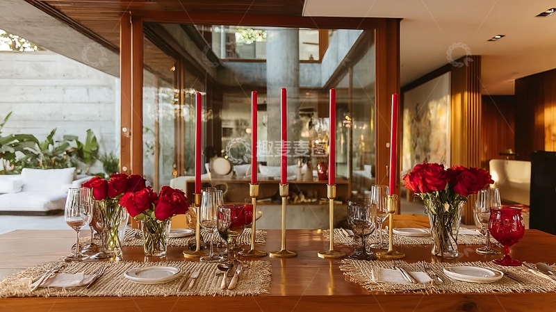 高清大图下载【趣麦麦图】精致餐桌布置红色蜡烛与玫瑰花营造浪漫氛围