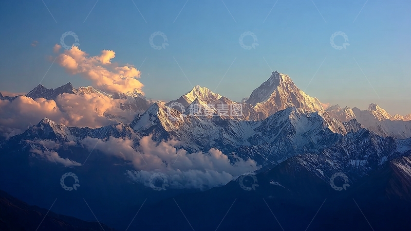 高清大图下载【趣麦麦图】雪山群峰在晨光中闪耀云雾缭绕壮丽景观