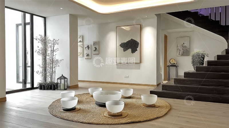 高清大图下载【趣麦麦图】现代简约风格客厅中央摆放圆形编织地毯与白色碗状装饰品