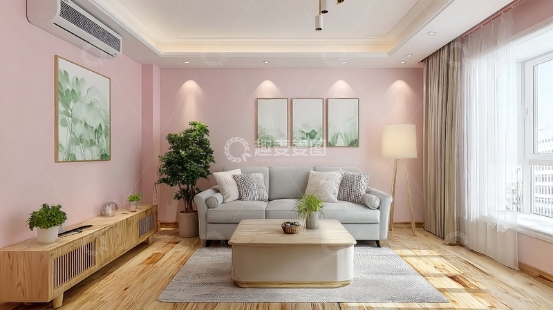 高清大图下载【趣麦麦图】温馨现代客厅布置以粉色墙面和木质地板为主