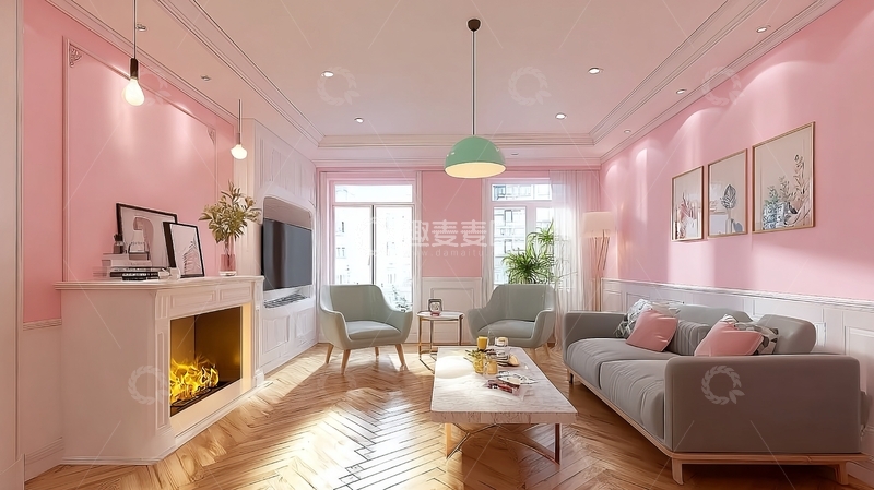 高清大图下载【趣麦麦图】粉色墙壁的温馨客厅配有沙发茶几和壁炉