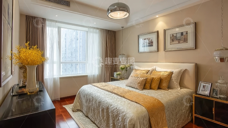 高清大图下载【趣麦麦图】现代卧室布置温馨舒适配有床铺和装饰画