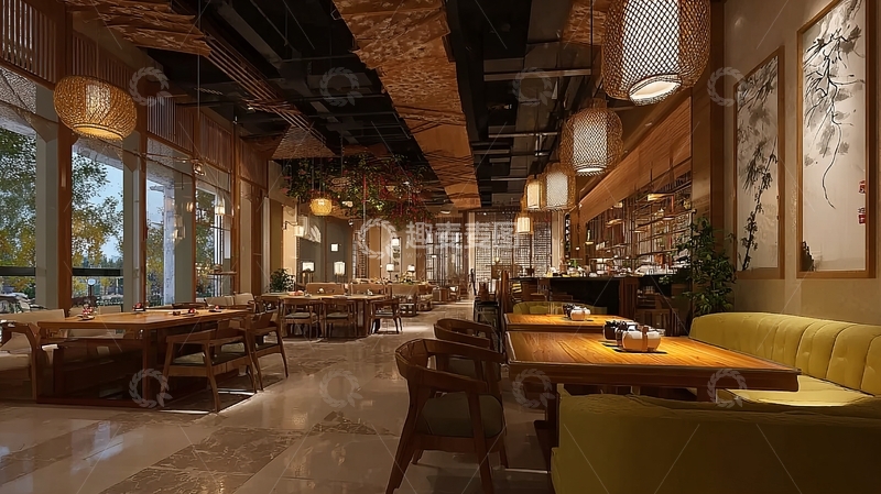 高清大图下载【趣麦麦图】-现代中式风格餐厅内部装潢与用餐环境