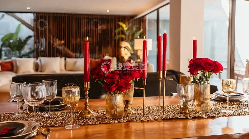 高清大图下载【趣麦麦图】餐桌布置精美红色蜡烛与鲜花营造温馨氛围