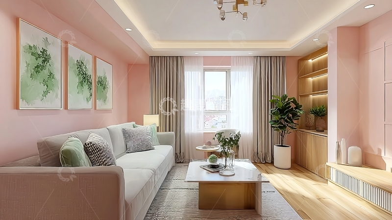 高清大图下载【趣麦麦图】粉色墙面客厅布置温馨舒适沙发茶几绿植点缀