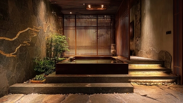 日式风格室内庭院设有石阶水池与绿植装饰