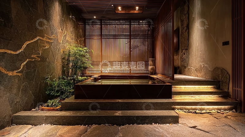 高清大图下载【趣麦麦图】日式风格室内庭院设有石阶水池与绿植装饰