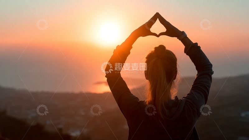 女子在日落时分用双手比出心形手势