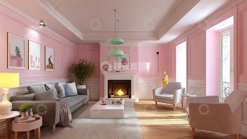 高清大图下载【趣麦麦图】粉色墙面的现代客厅装饰温馨舒适