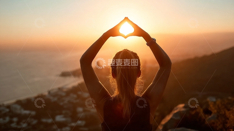 女子在日落时分于山顶双手比心