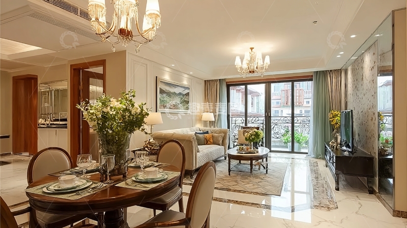 高清大图下载【趣麦麦图】现代豪华客厅与餐厅相连的明亮室内空间