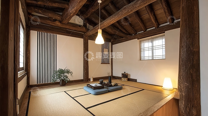 高清大图下载【趣麦麦图】日式传统房间内铺有榻榻米摆放着茶具