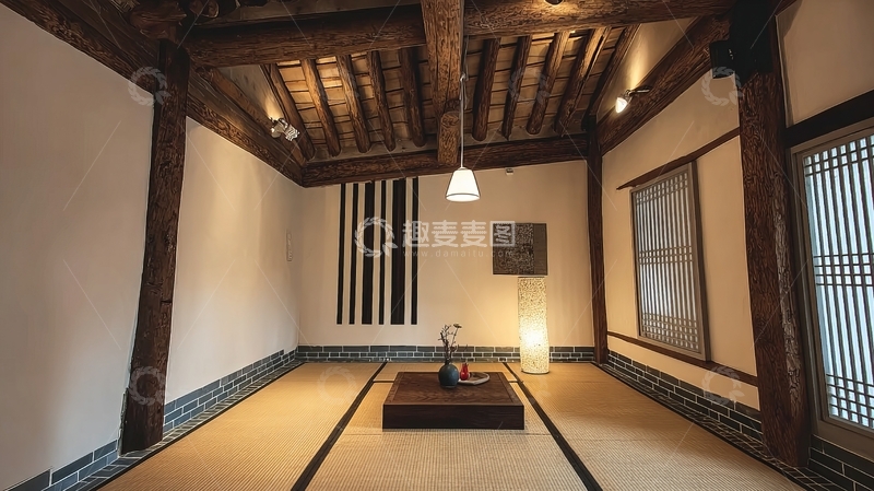 高清大图下载【趣麦麦图】传统风格室内空间木质梁柱与榻榻米地板