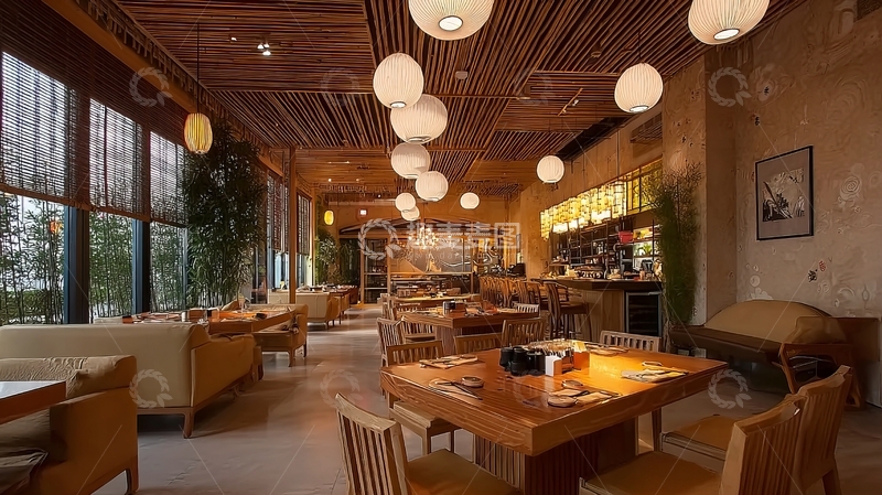 高清大图下载【趣麦麦图】宽敞明亮的餐厅内部装饰现代舒适