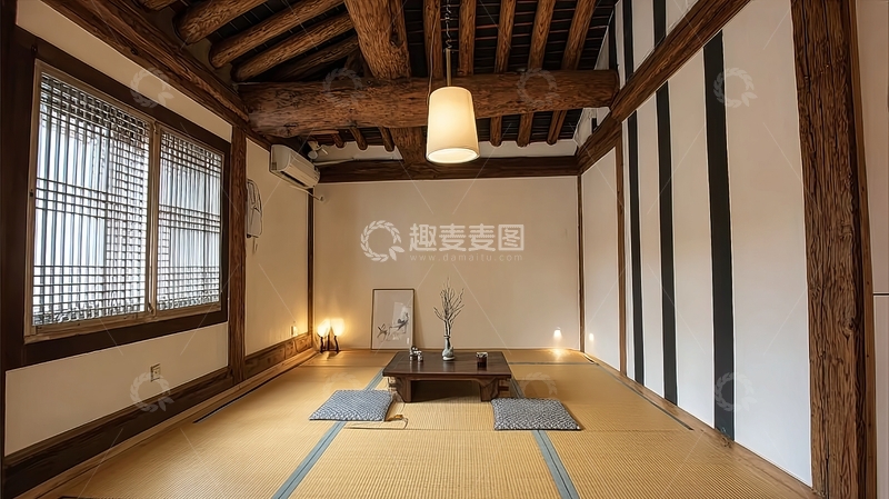 高清大图下载【趣麦麦图】传统日式房间内景木质结构榻榻米地板和简约装饰