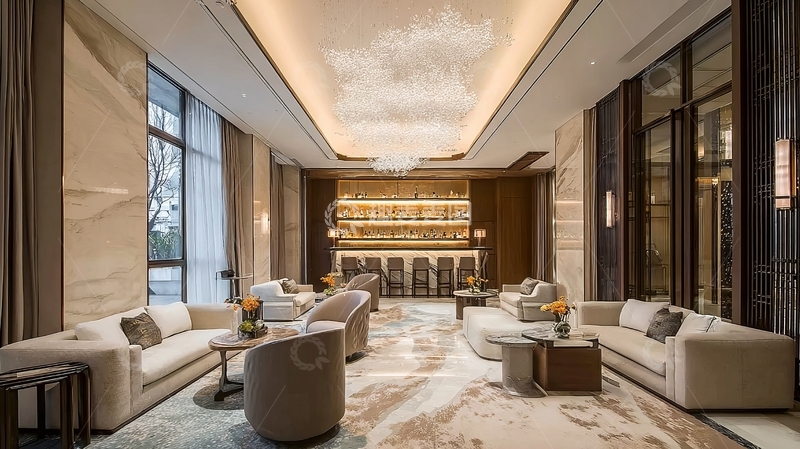 高清大图下载【趣麦麦图】豪华现代客厅设计配备吧台和精致吊灯