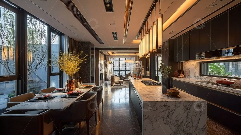 高清大图下载【趣麦麦图】现代风格开放式厨房与餐厅空间