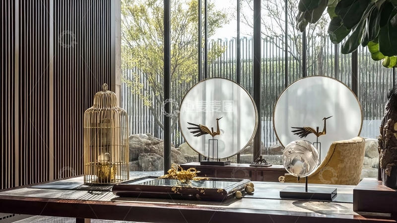 高清大图下载【趣麦麦图】现代室内装饰桌上摆放着金色笼子和圆形镜子