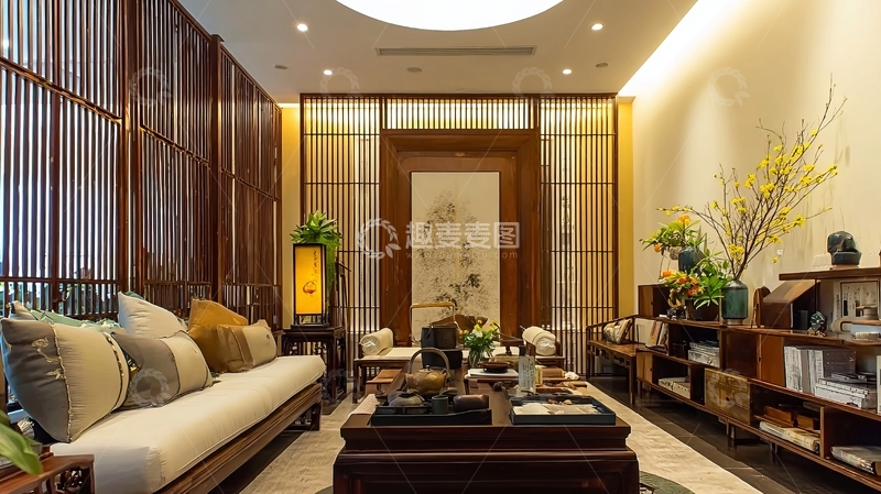 高清大图下载【趣麦麦图】中式风格客厅布置典雅家具与装饰品