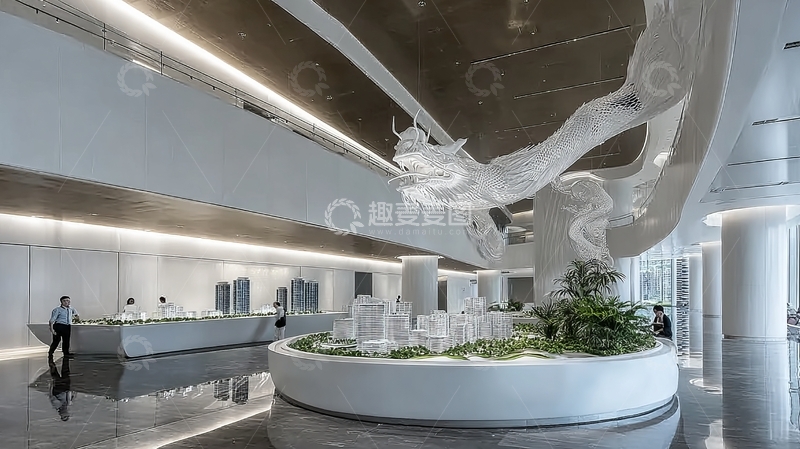高清大图下载【趣麦麦图】现代建筑内部展示大型龙形艺术装置