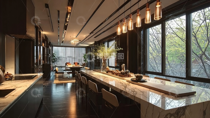 高清大图下载【趣麦麦图】现代厨房长桌设计宽敞明亮